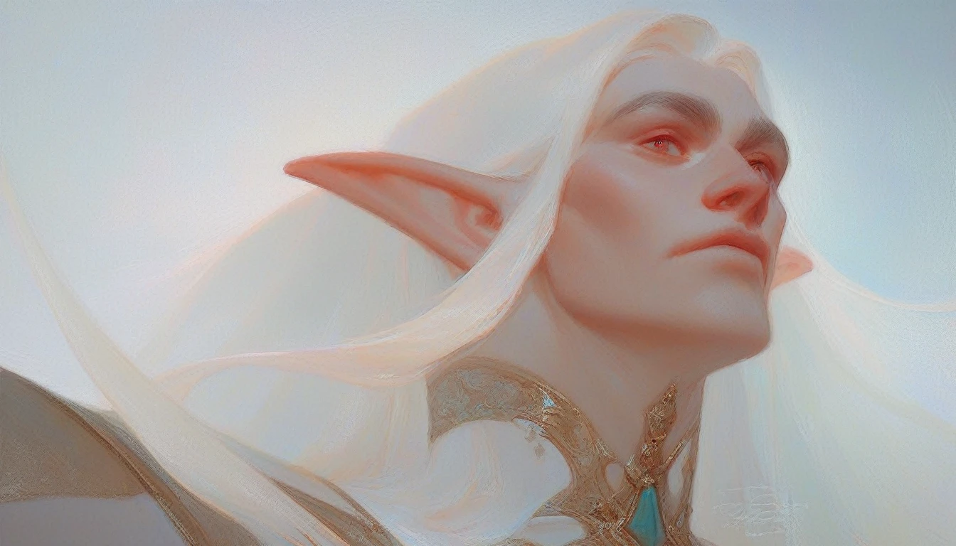 score_9, score_8_up, score_7_up, angled view from below, hyperdetailed, absurdres, highres, male elf with very long white hair, high cheekbones, beautiful face, scarlet clothes, exquisite clothes, close to face, portrait, oil painting