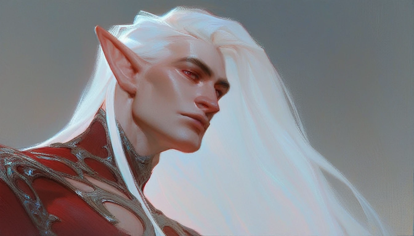 score_9, score_8_up, score_7_up, angled view from below, hyperdetailed, absurdres, highres, male elf with very long white hair, high cheekbones, beautiful face, scarlet clothes, exquisite clothes, close to face, portrait, oil painting