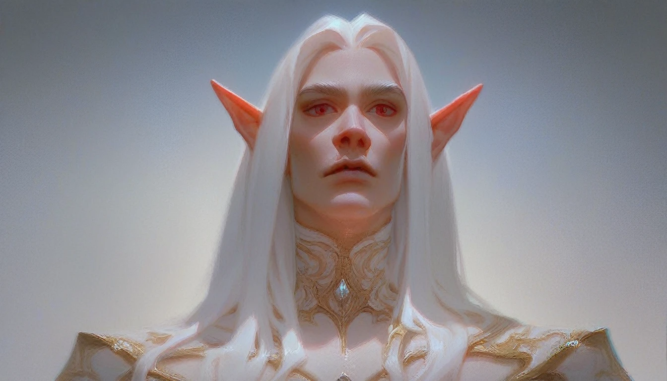 score_9, score_8_up, score_7_up, angled view from below, hyperdetailed, absurdres, highres, male elf with very long white hair, high cheekbones, beautiful face, scarlet clothes, exquisite clothes, close to face, portrait, oil painting