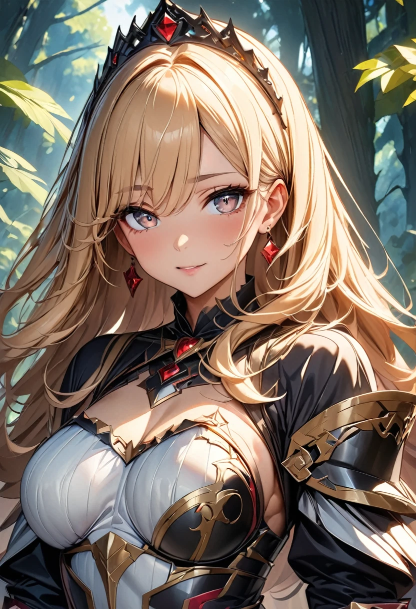 (Perfect Anatomy)、Mastepiece、Ultra High Quality、 8K、masterpiece、Highest quality、Ultra-high resolution、Maximum resolution、Very detailed、Professional Lighting、anime、成人woman、、1woman、thin、so beautiful、Highly detailed eye、Highly detailed face、Armored Dress, Red and black armor, , Black decorated gorgeous tiara,Red earrings,Frilly Armor,Golden Hair, The tips of her hair are pink、Golden Eyes,White underwear、Full body view、forest, equipped with a bow