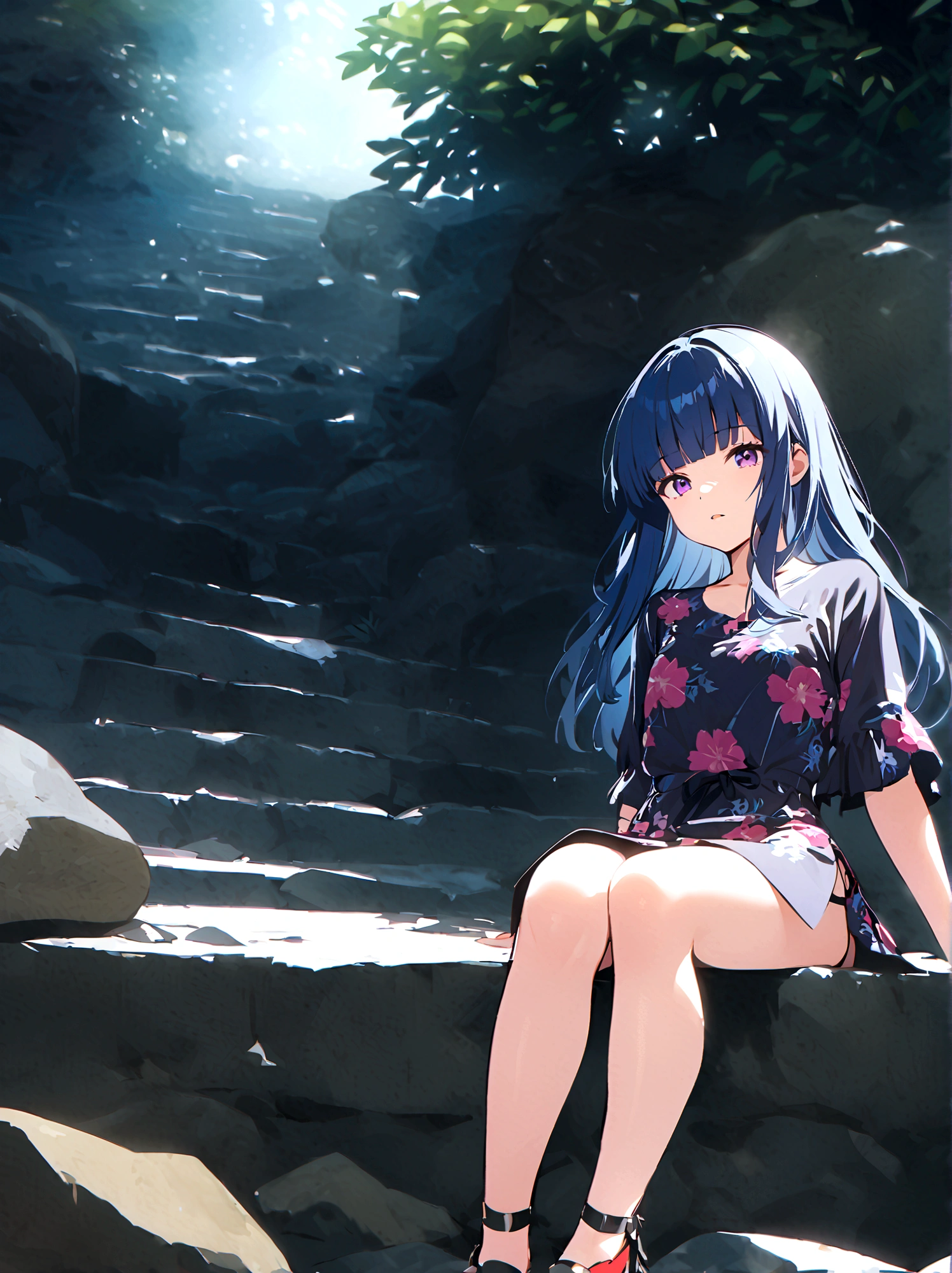 One Girl, alone, Full Autorica, cute, Blue Hair, Purple eyes, Long Hair, blunt bangs, bangs, looking at viewer, sitting, One-piece dress, outdoors, parted lips, tree, floral print, rock, stairs