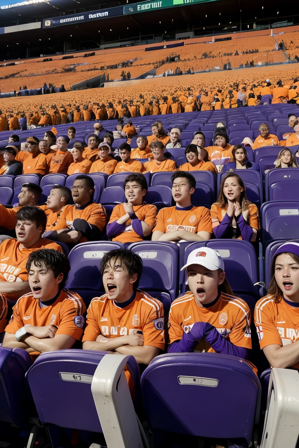 football team fans, one orange team and the other purple, shouting in the football stands
