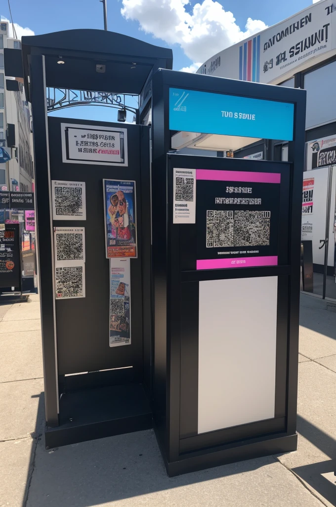 a modern kiosk in black and vibrant colors and with a sign in front of the kiosk with a qr code for selling tickets to a show 