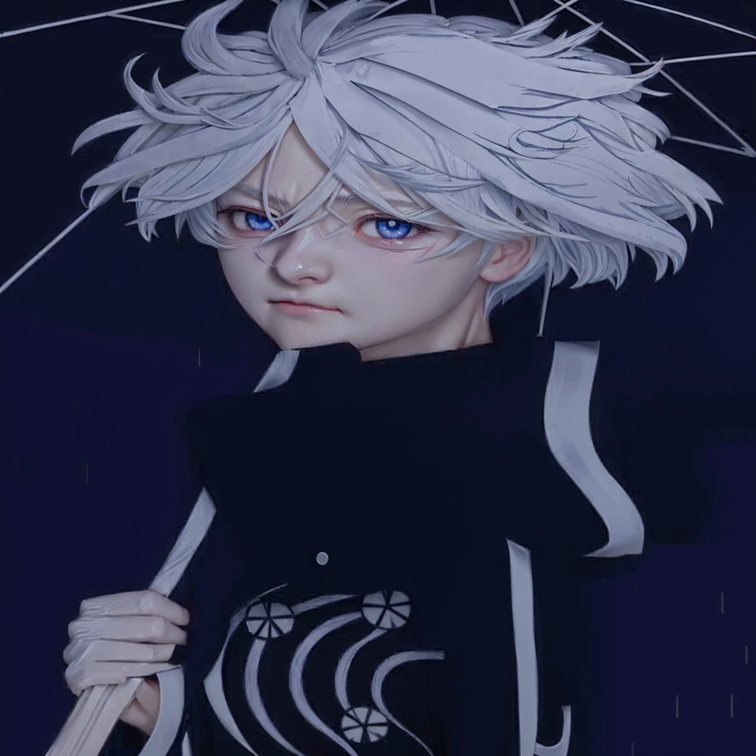 anime character with white hair holding an umbrella in the rain, killua zoldyck black hair, killua zoldyck, nagito komaeda, tall anime guy with blue eyes, handsome guy in demon slayer art, inspired by Okumura Togyu, nagito komaeda from danganronpa, killua zoldyck portrait