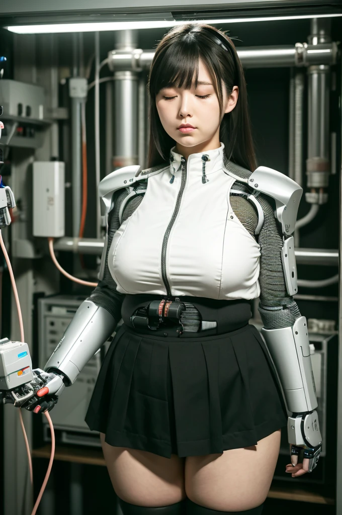 masterpiece, best quality, extremely detailed, Japaese android girl,Plump , control panels,android,Droid,Mechanical Hand, Robot arms and legs,Blunt bangs,perfect robot girl,long tube,thick cable connected her neck,android,robot,humanoid,cyborg,japanese cyborg girl ,future laboratory,robot laboratory,maintenance,connecting a cable between the legs,skirt,chubby,fat,She is charging now,（sleep mode:1.5）（closing eyes:1.5）