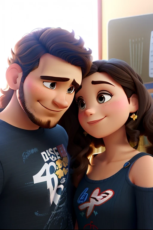 A couple in Disney pixar style, high qualiy, best qualityer, beard man brunette short curly hair, beautiful brunette woman, big kisses, long hair
