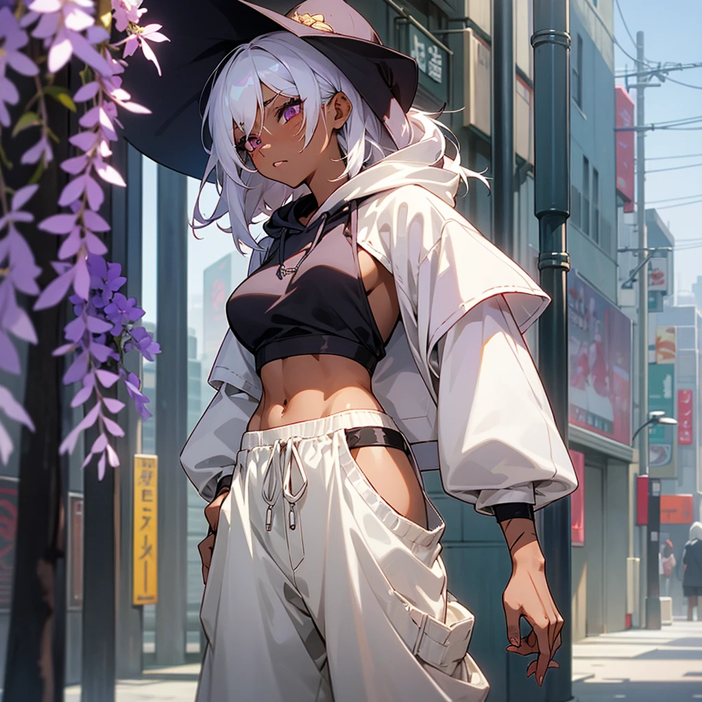 1female, sexy, young adult, dark skin, finely detailed plum eyes, wild medium hair, seashell white hair color, crop top oversized hoodie, baggy pants, standing on building, day time, tokyo streets, somber expression, tattoos, wisteria flowers, scars
