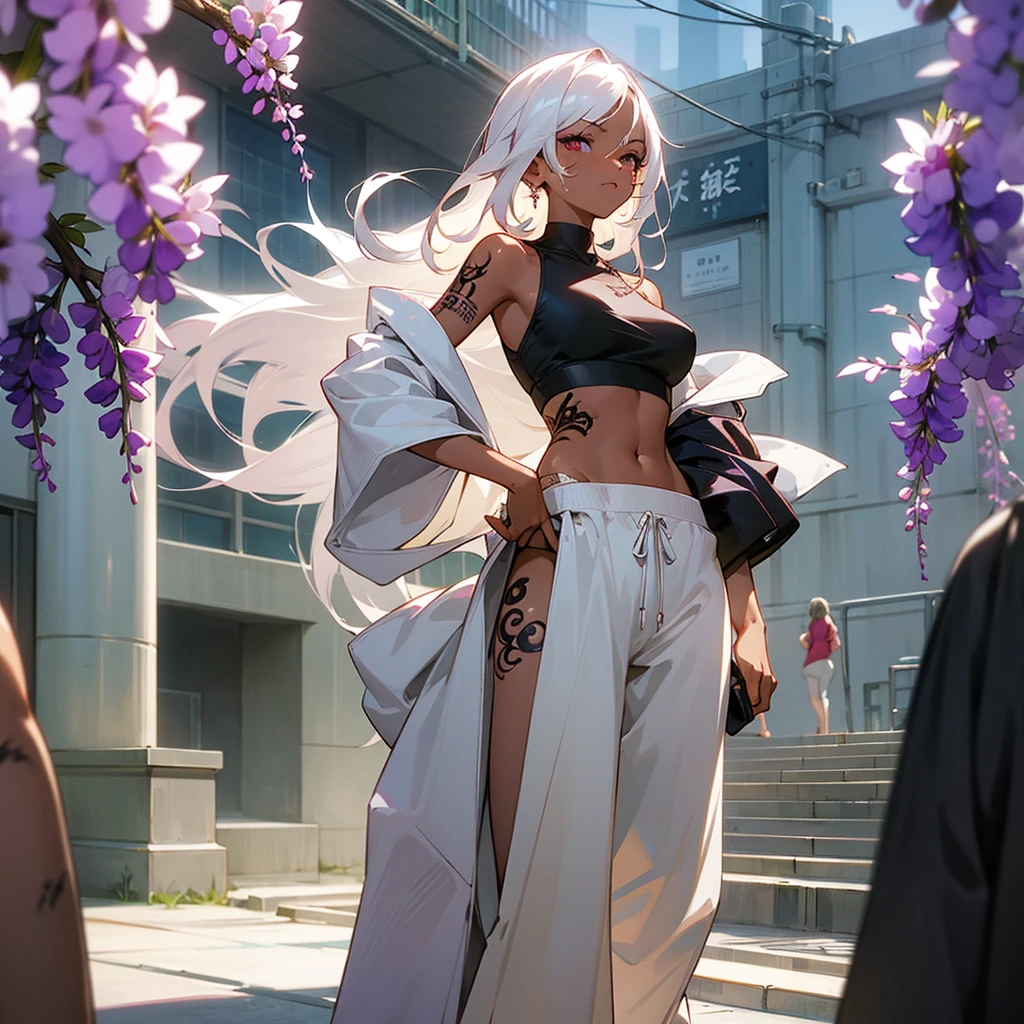 1female, sexy, young adult, dark skin, finely detailed plum eyes, wild medium hair, seashell white hair color, crop top oversized hoodie, baggy pants, standing on building, day time, tokyo streets, somber expression, tattoos, wisteria flowers, scars
