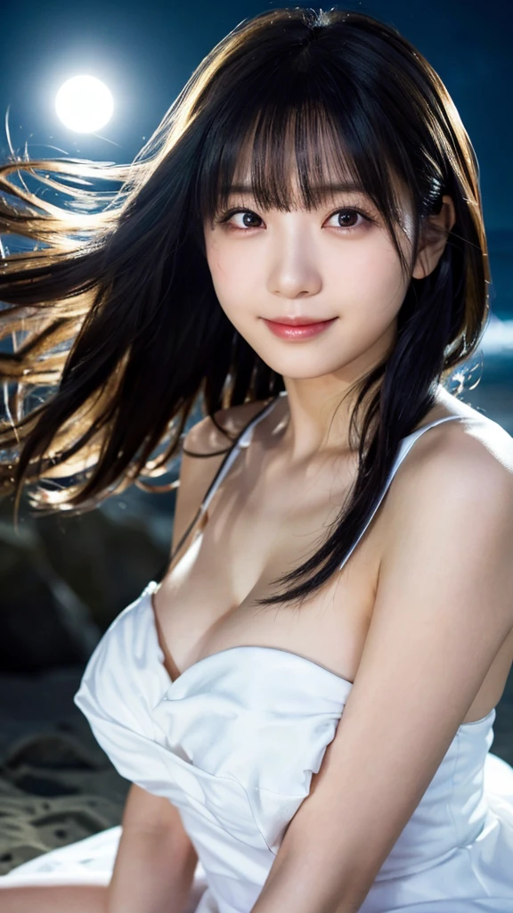 (highest quality,masterpiece:1.3,ultra high resolution),(Super detailed,caustics,8k),(photorealistic:1.4,RAW shooting),(night),(night空),(starry sky),(full moon),(beach),(looking down at the camera),1 girl,sitting,20-year-old,cute,Japanese,(smile),black long hair,strong wind,(hair blowing in the wind),(white dress),(big breasts),Natural light,moonlight,(bust up shot),(face close up),(low position:1.1),(Low - Angle:1.1)
