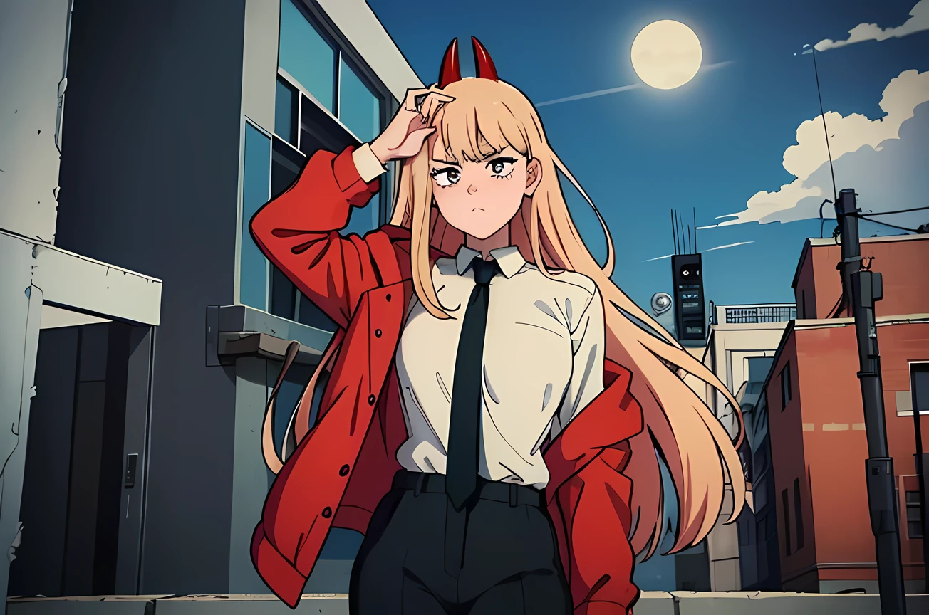 power_csm, pouting, front view, loser hands, symbol-shaped pupils, red horns, long hair, jacket closure, blue jacket, collared shirt, black necktie, black pants, rolled up pants, capri pants, untucked shirt, blonde hair