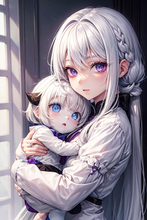 Chico, White skin, White hair, light blue eye with girl, White skin, White hair, purple eyes, anime