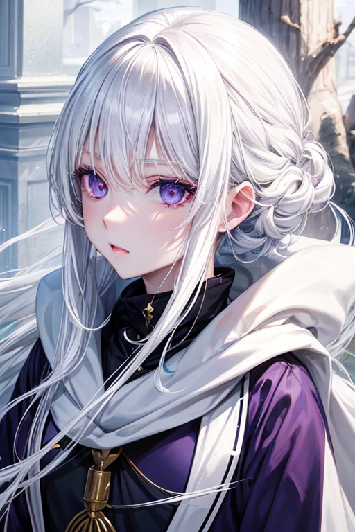 Chico, White skin, White hair, light blue eye with girl, White skin, White hair, purple eyes, anime
