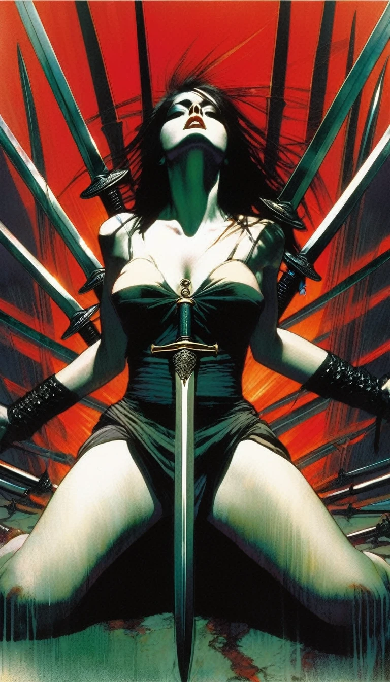 woman on the ground with ten swords stuck in her, swords stuck in her body, eyes open (art inspired by Bill Sienkiewicz)