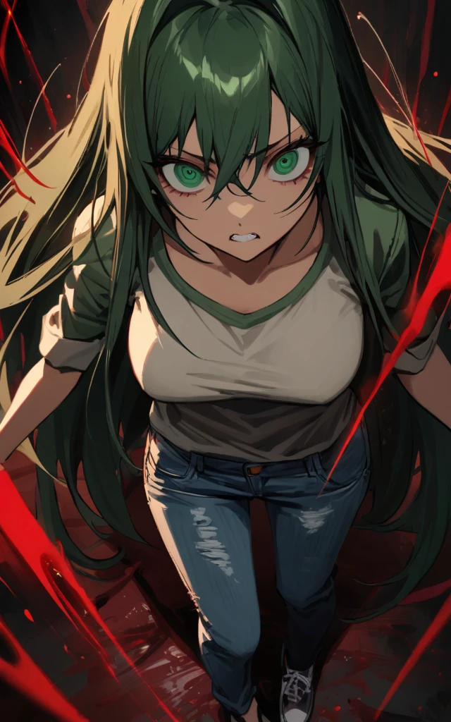 (masterpiece)、(absurdres)、(ultra detailed),Crazy Eyes、despair、Dark Side、closed mouth,Blood droplets、darkness,Blood pool space、Blood dripping background:1.3、(dark green hair)、(solo girl)、(dark green eyeiddle breast:0.9、(straight long hair、(casual jacket)、(Tshirt)、(denim JEANS)、teeth,hatred,from above,