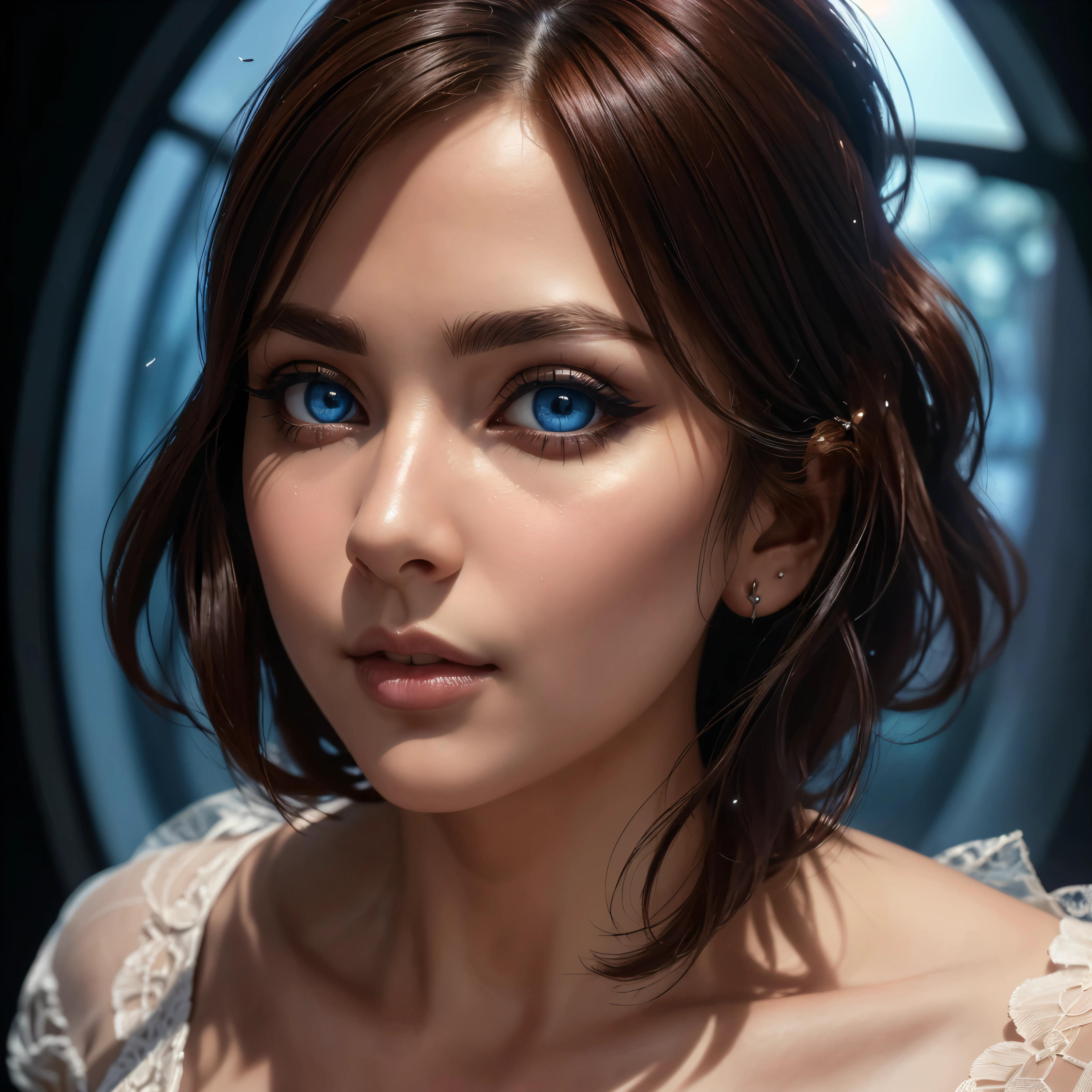 "Close-up view portrait of a charming girl with curly hair,  figure, beautiful face, captivating blue eyes, and large bust size, showcasing her natural beauty."