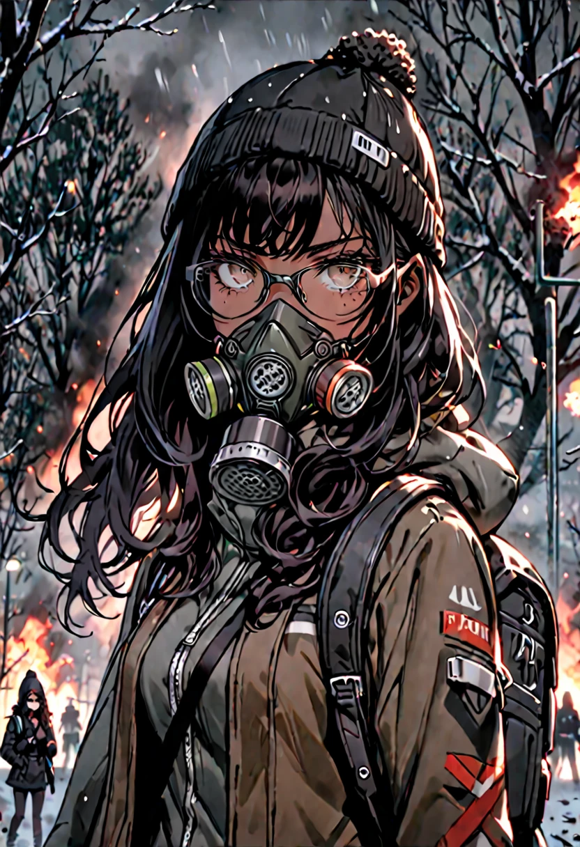 female, brown skin, long hair, black hair, very curly hair, beanie, thick-rimmed glasses, backpack, cold, freckles, frown, riot, gas mask, slingshot, park