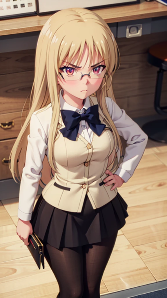 1girl, blonde hair, office, ((black office skirt)), shirt, (angry), ((hourglass figure)), black tights, (from above), looking at viewer, glasses