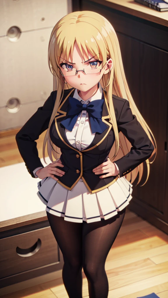 1girl, blonde hair, office, ((black office skirt)), shirt, (angry), ((hourglass figure)), black tights, (from above), looking at viewer, glasses