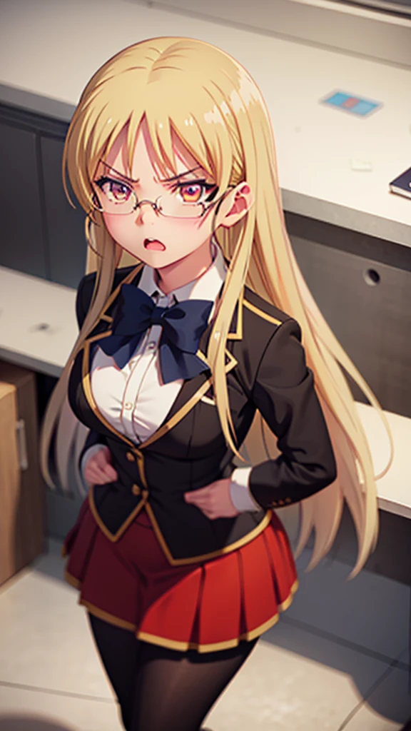 1girl, blonde hair, office, ((black office skirt)), shirt, (angry), ((hourglass figure)), black tights, (from above), looking at viewer, glasses