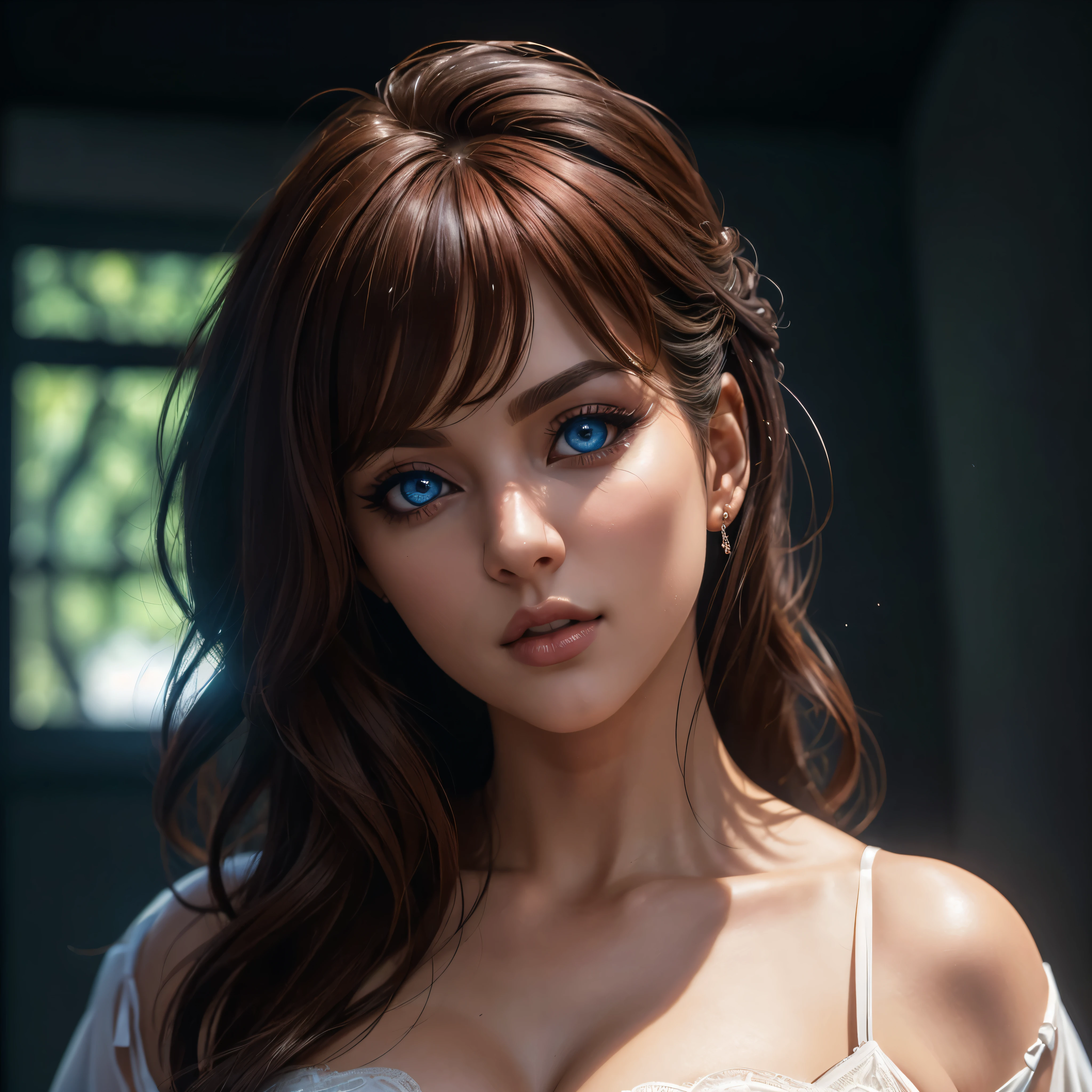 (((Full body 1.1, panorama, full-length, wallpaper, photo-posing, for magazine cover 1.1))), (((( very beautiful eyes 1.1)))). (perfect details: 1.1), (beautiful and clear background: 1.2), (extremely detailed CG, ultra detailed, best shadow: 1.1), (((finely detailed beautiful eyes))), (full length 1.1).a very beautiful woman with dark skin, red hair in a bob hairstyle, expressive blue eyes, wearing white lace lingerie, in a bedroom setting with a sexy and erotic atmosphere,(best quality,4k,8k,highres,masterpiece:1.2), ultra-detailed,(realistic,photorealistic,photo-realistic:1.37),portrait,glamorous,dramatic lighting,cinematic,chiaroscuro HDMI, HDRI, UDHD,(( Scatter effect)), (( volume effect 1.1)), (( Depth sharpness 1.1)), ((fisheye lens)).(perfect details: 1.1), (beautiful and clear background: 1.2), (extremely detailed CG, ultra detailed, best shadow: 1.1), (finely detailed beautiful eyes) , (full-length 1.1)