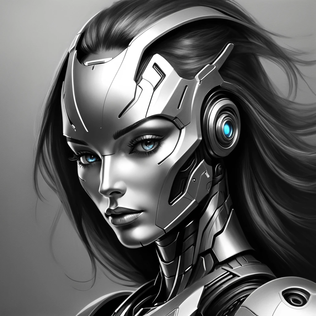 ,(Sketch of a character:1.1),(charcoal drawing:1.2),Sketch,(pencil drawing:1.3),Charcoal painting style,Black-white-silver ,Sketch of a character, high resolution, 1woman, Alone, (detailed face), kda,bioluminic, Galactic cyber mask in black and white and silver colors., (abstracted, Sketch a high-tech robot.:1.5), Part Description, sh4g0d,