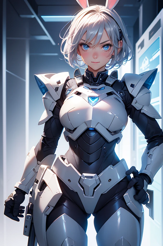 loking at viewer, light smile, blush,, o, cowboy shot, v arms, short silver hair, blue eyes, serious looks. looking at viewer, cowboy shot, solo, silver bunny ears,  lack bodysuit,  gloves, blue boots floating armor, power armor