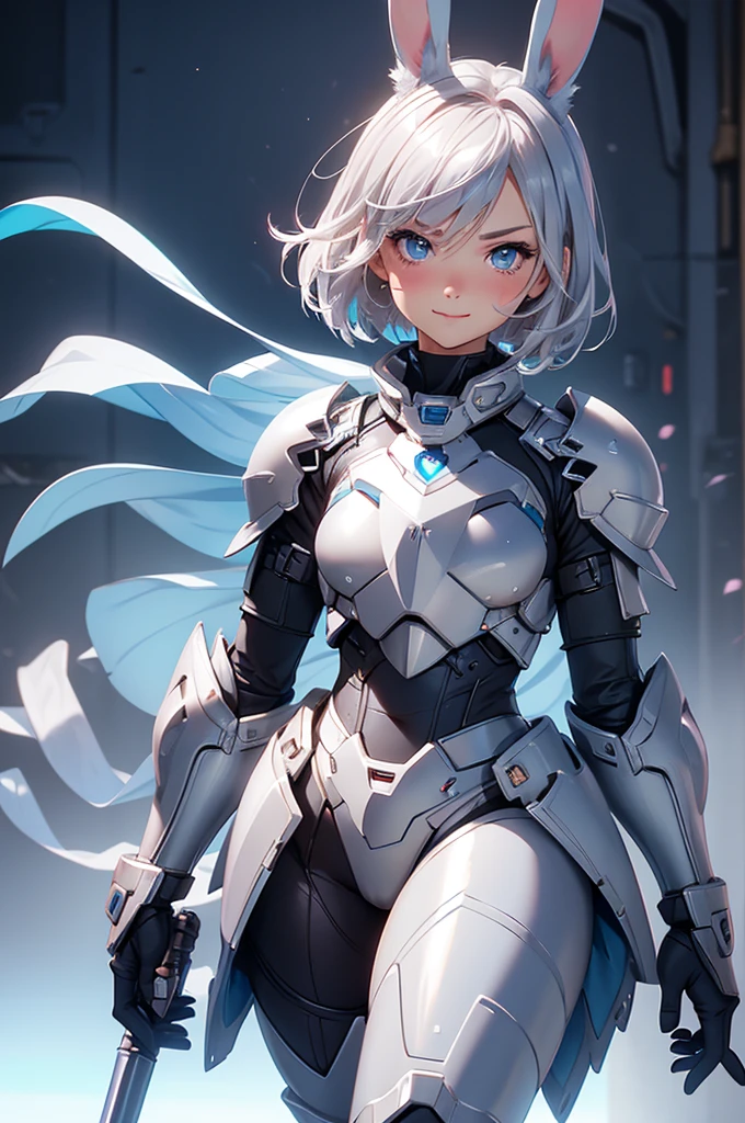 loking at viewer, light smile, blush,, o, cowboy shot, v arms, short silver hair, blue eyes, serious looks. looking at viewer, cowboy shot, solo, silver bunny ears,  lack bodysuit,  gloves, blue boots floating armor, power armor