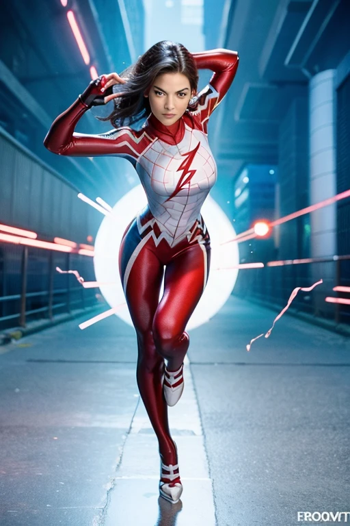 ((Flash woman)) , breasts big , medium hips, (( ultra realisitic )), TM Ninja white,Icons, cores Vibrants, vector style, digitl art, 4K, details Intricate, mesmerizing, professionally made, Beautiful vector illustration, 12k resolution, ..3d, all characters in detailed full body, ((highy detailed)), ((Vibrant)),(( ultra high-quality)), ((hyper- realism)), ((fotorrealism)), [octan render], in town , Lots of cars ( realisitic