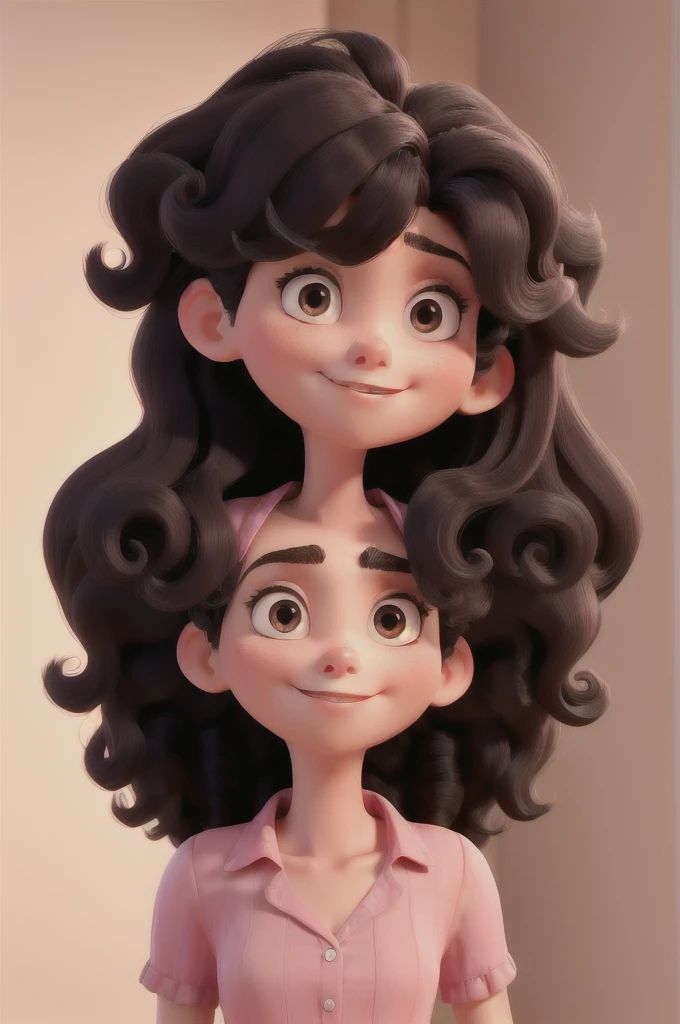 Create a slightly thin woman with hair that is curly at the ends and straight on top with a straight nose pink blouse with a half turned face black hair and big black hair half face