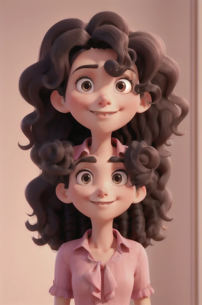 Create a slightly thin woman with hair that is curly at the ends and straight on top with a straight nose pink blouse with a half turned face black hair and big black hair half face