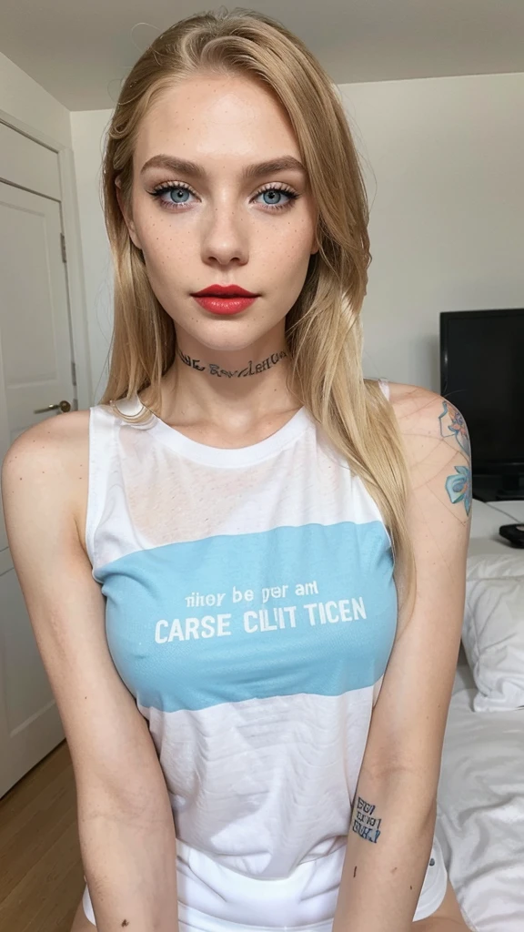 Beautiful skinny girl, elongated face and thin chin, freckles, blonde, blue eyes, red lipstick, beautiful makeup, white skin,, tattoo written on the forearm, sexy style, T-shirt without any design, shorts