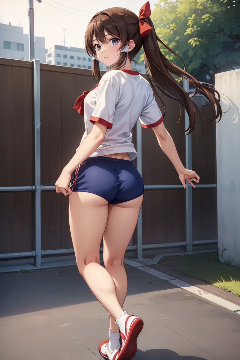 Reimu Hakurei, (Brown eyes:1.5), Brown Hair, bow, hair bow, Hair Tube, Long Hair, red bow, Side Lock, (((Slender body)))、(Navy blue cuffs and white short-sleeved gym uniform)、(Navy Blue Bloomers)、(
barefoot)、Navy blue socks、sports boots、Ground、Schoolyard、(((Backwards、look back)))、View your viewers,blush、
Full Body Shot,Smile Break (masterpiece:1.2), Highest quality, High resolution, unity 8k wallpaper, (figure:0.8), (Beautiful attention to detail), Highly detailed face, Perfect lighting, Highly detailed CG, (Perfect hands, Perfect Anatomy)
