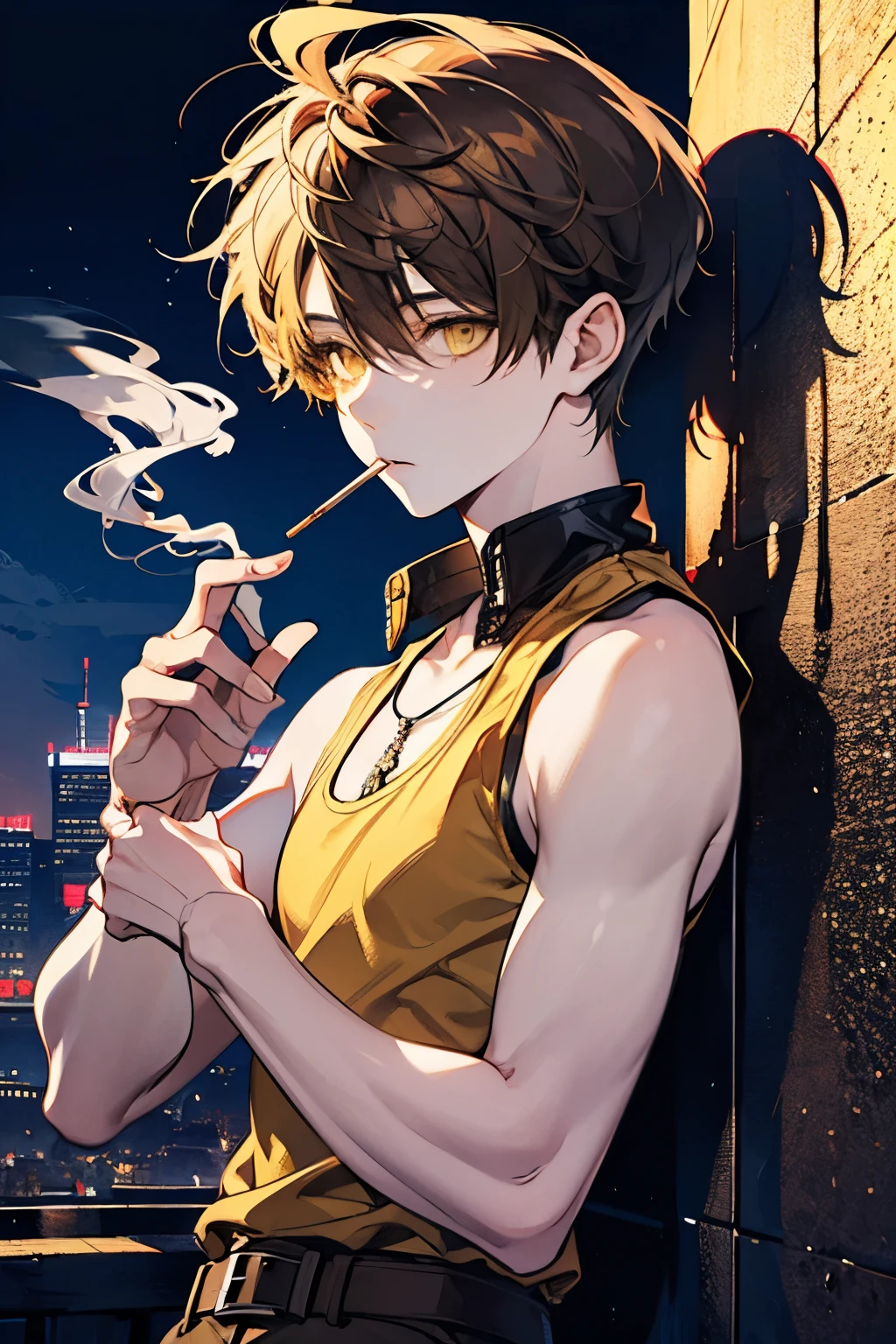 Beautiful young man, brown hair, short hair, yellow eyes,Tank top,harness belt,smokes, night, smoke,high quality, amount of drawing, pixiv illustration,nsfw,upper body,