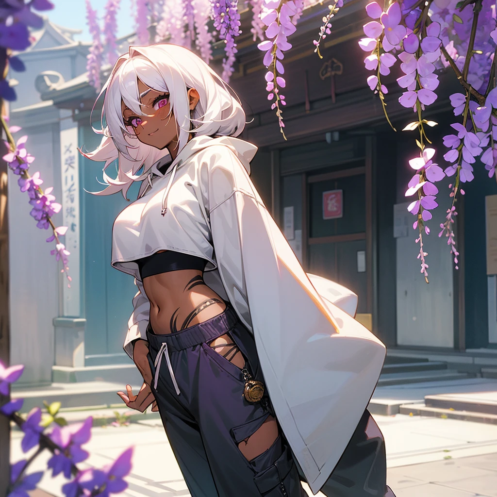 1female, sexy, big breast, young adult, dark skin, finely detailed plum eyes, wild medium hair, seashell white hair color, crop top oversized hoodie, baggy pants, standing on building, day time, tokyo streets, excited expression, tattoos, wisteria flowers, scars, blushing