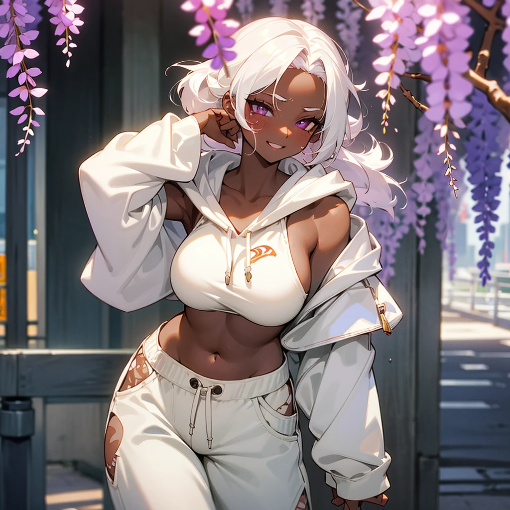 1female, sexy, big breast, young adult, dark skin, finely detailed plum eyes, wild medium hair, seashell white hair color, crop top oversized hoodie, baggy pants, standing on building, day time, tokyo streets, excited expression, tattoos, wisteria flowers, scars, blushing