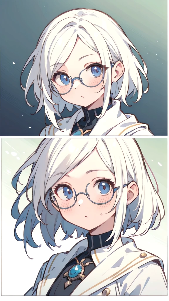 masterpiece, Portraiture, Amazingly beautiful girl, (cute:1.1), Beautiful woman face, Normal chest, one piece, Glasses, White Hair, Medium Hair, blushing masterpiece, high quality, 最high quality, Super detailed, High resolution, (realism:1.1), photorealism, Volumetric lighting, Contrast, Depth of written boundary, Sharp focus, Absurd, Unreal Engine