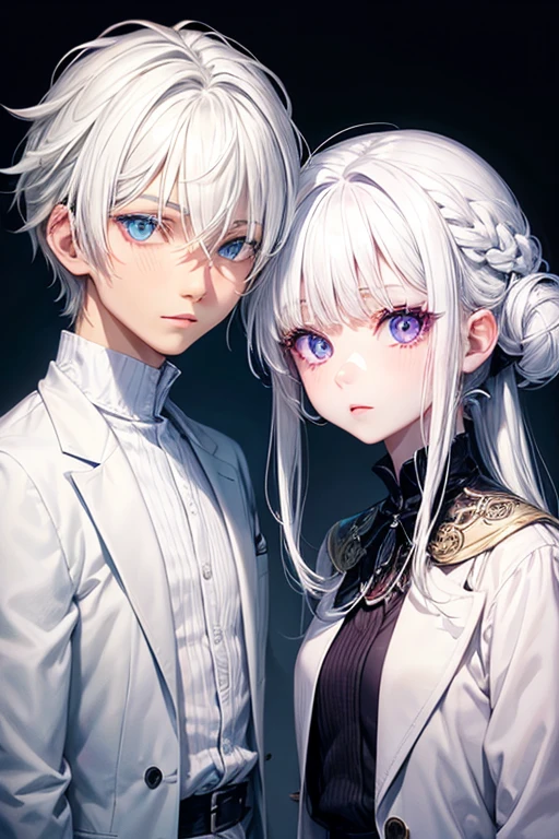 Chico, White skin, White hair, light blue eye next to a girl, White skin, White hair, Purple eye