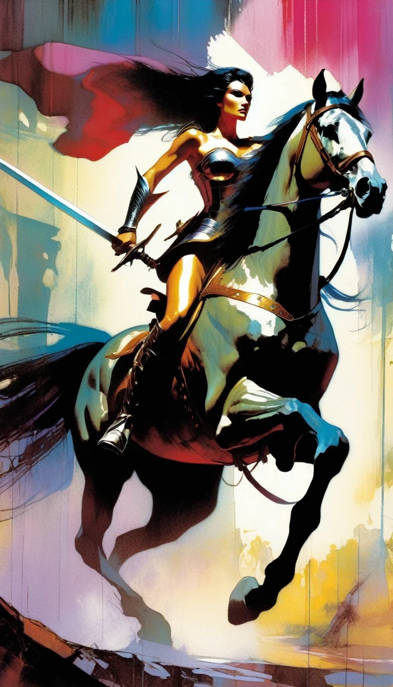 sexy warrior woman in large armor riding horse raising her sword heading into battle (art inspired by Bill Sienkiewicz)