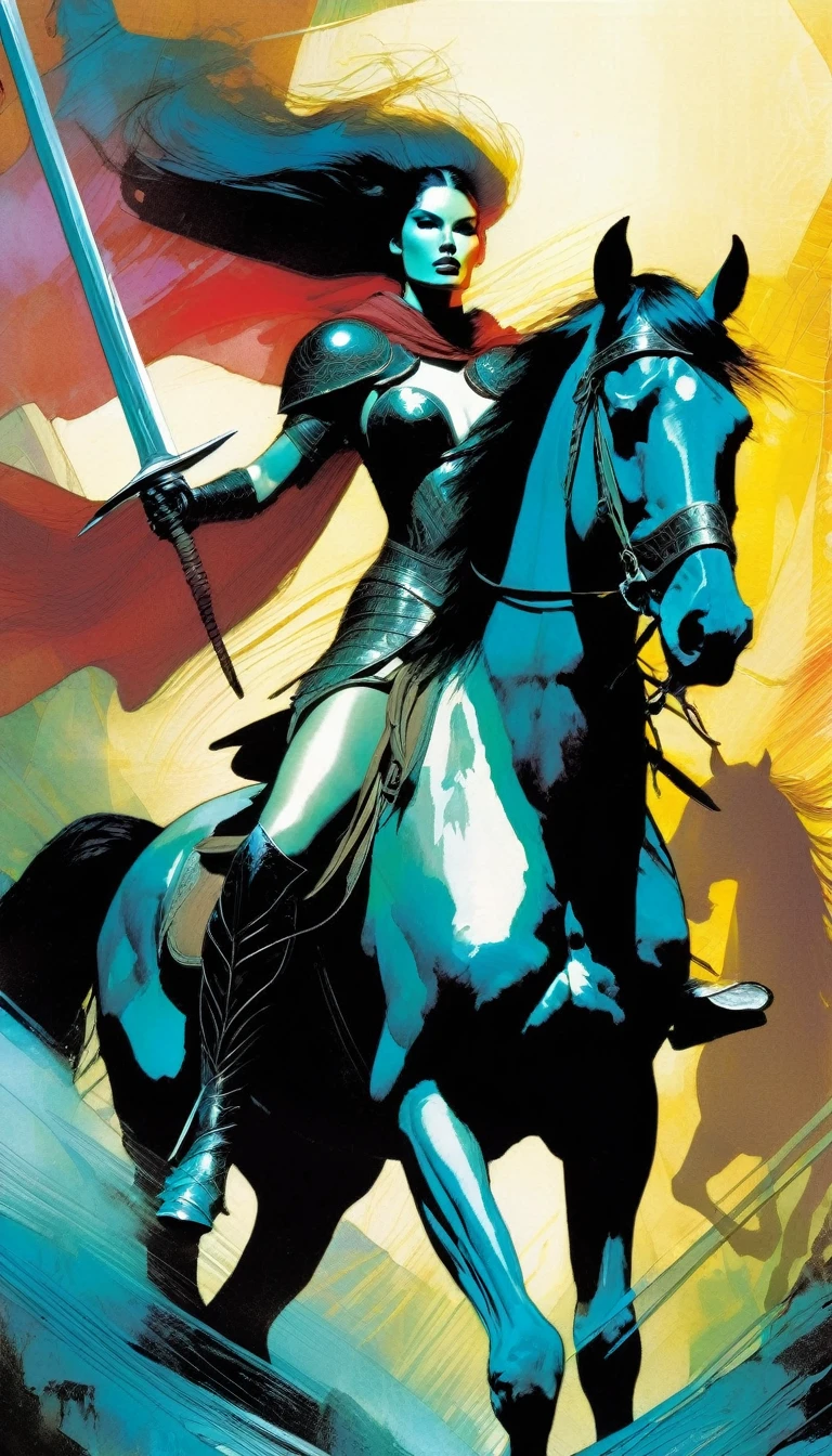 sexy warrior woman in large armor riding horse raising her sword heading into battle (art inspired by Bill Sienkiewicz)