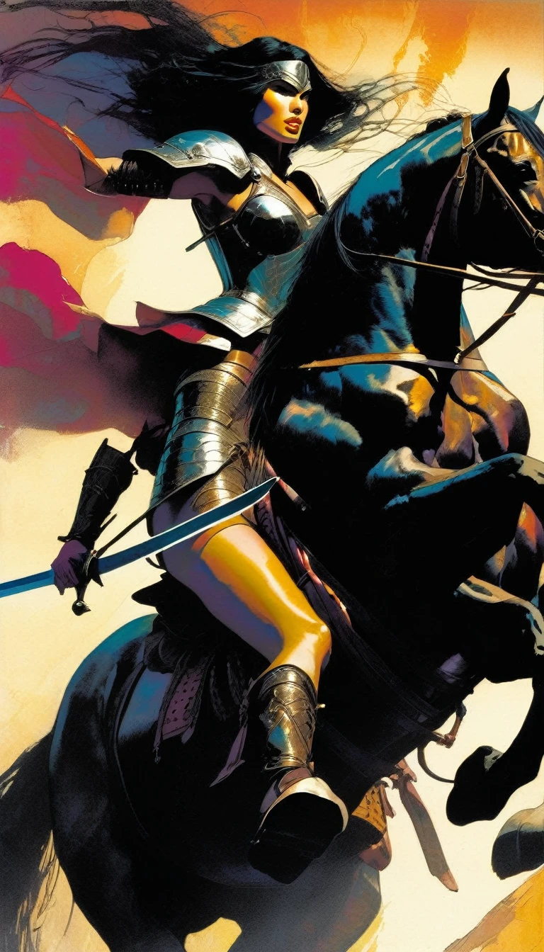 sexy warrior woman in large armor riding horse raising her sword heading into battle (art inspired by Bill Sienkiewicz)