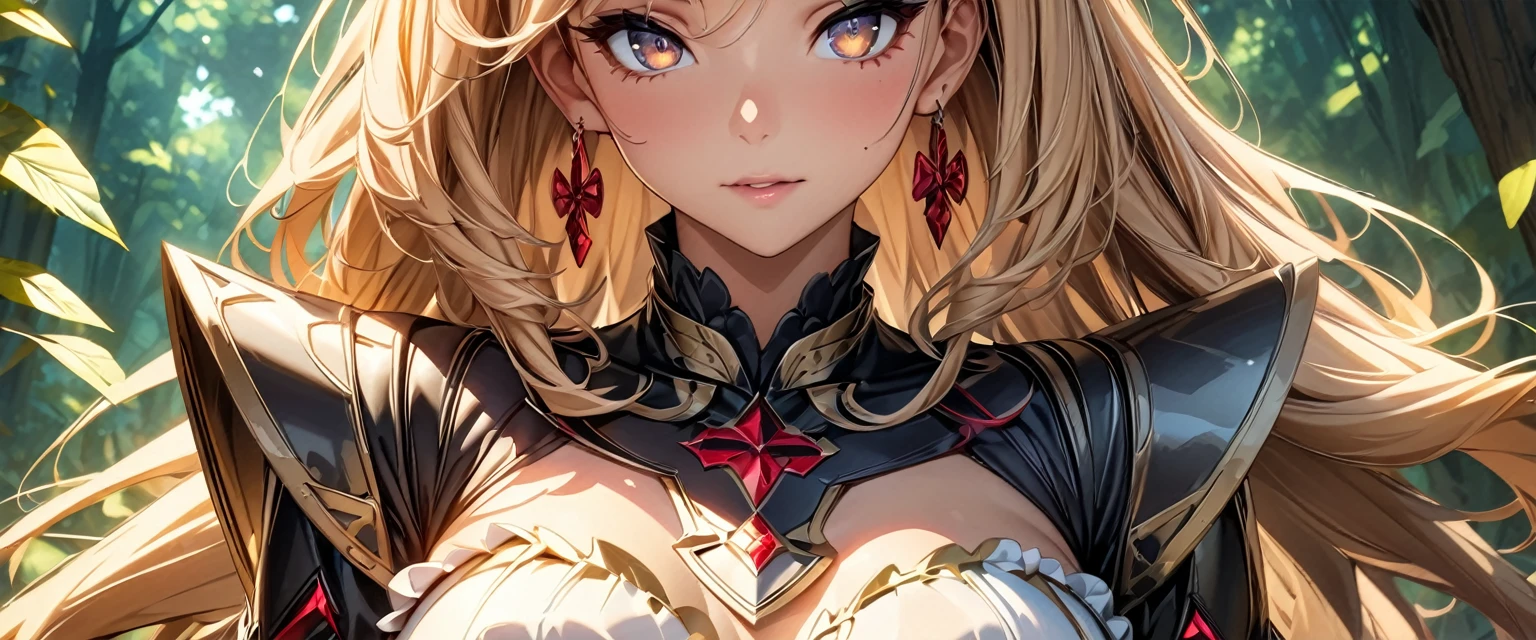 (Perfect Anatomy)、Mastepiece、Ultra High Quality、 8K、masterpiece、Highest quality、Ultra-high resolution、Maximum resolution、Very detailed、Professional Lighting、anime、成人woman、、1woman、thin、so beautiful、Highly detailed eye、Highly detailed face、Armored Dress, Red and black armor, , Black decorated gorgeous tiara,Red earrings,Frilly Armor,Golden Hair, The tips of her hair are pink、Golden Eyes,White underwear、Full body view、forest, equipped with a bow