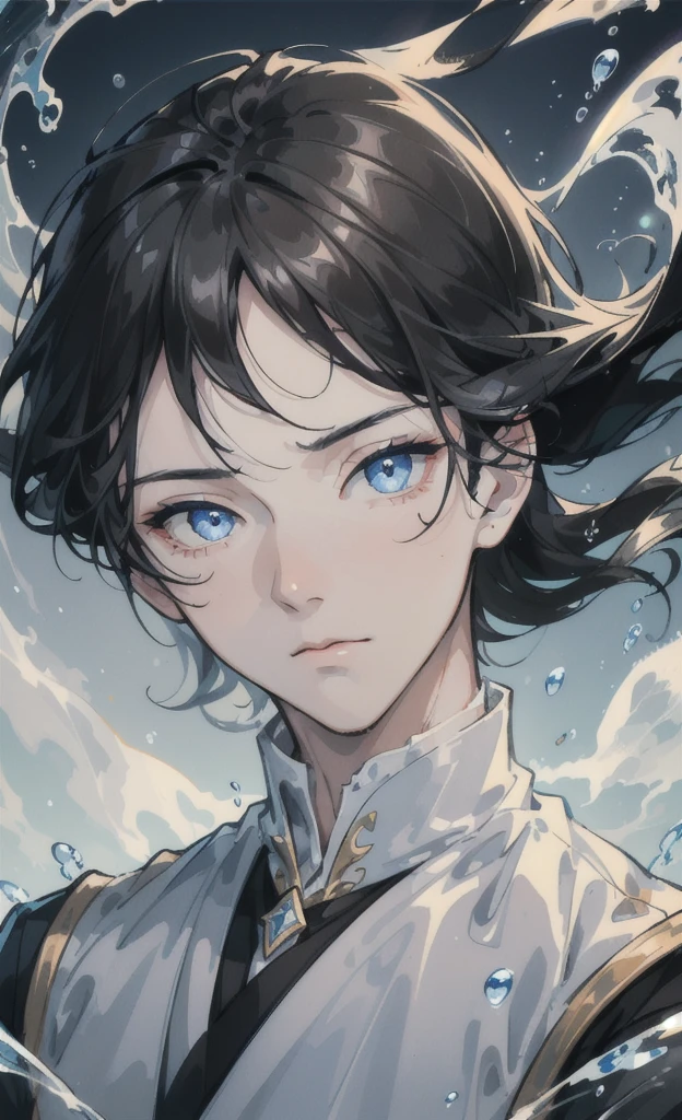 boy,black hair,blue eyes,Handsome face,Close-up photo,Clear face,Masterpiece,The atmosphere is water.,There are soap bubbles floating.,There are water droplets.