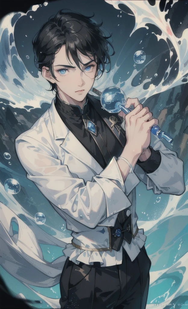 boy,black hair,blue eyes,Handsome face,Close-up photo,Clear face,Masterpiece,The atmosphere is water.,There are soap bubbles floating.,There are water droplets.
