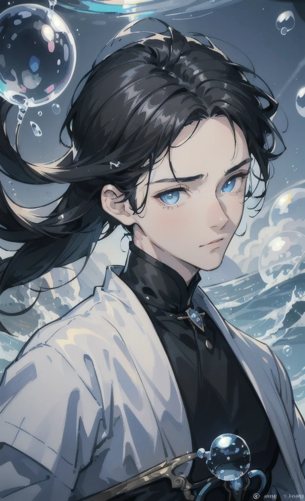 boy,black hair,blue eyes,Handsome face,Close-up photo,Clear face,Masterpiece,The atmosphere is water.,There are soap bubbles floating.,There are water droplets.