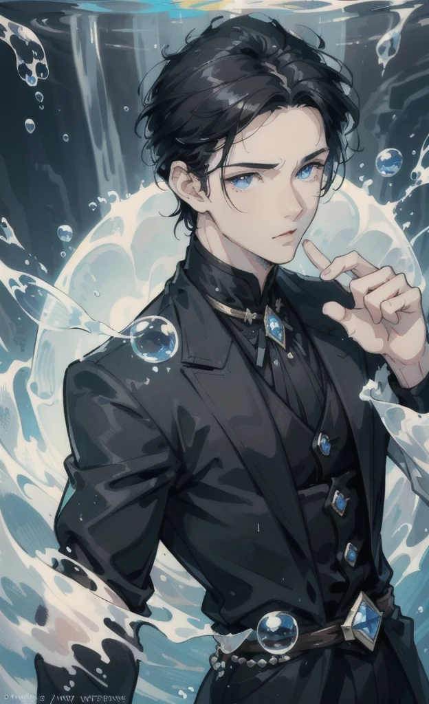 boy,black hair,blue eyes,Handsome face,Close-up photo,Clear face,Masterpiece,The atmosphere is water.,There are soap bubbles floating.,There are water droplets.