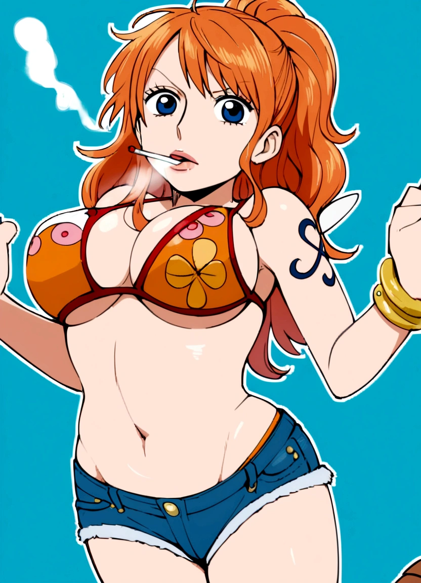 a cartoon picture of a woman in a bikini top and jeans, nami one piece, nami from one piece, nami, beautiful portrait of nami, from one piece, oppai, blue eyes, smoking