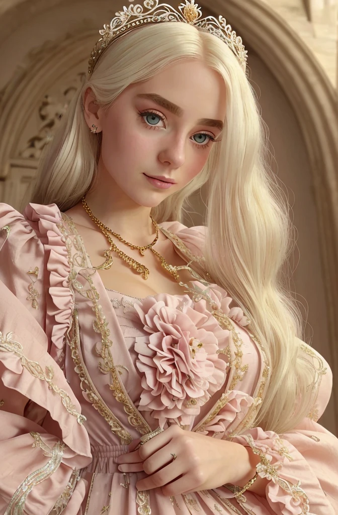 White Blonde hair, fluffy hair, stylish hair, long hair, lilac eyes, perfect eyes, beautiful, perfect face, tween, dainty , short, kind, curvy, a flowing pale airy gown with ruffles along the bottom with tiny pink flowers and gold dragon embroideries with flowers, Her tiara had a pretty teal gemstones, silver necklace, noble class, royal, royalty, red castle, feasting hall, medieval, elegant surroundings, soft dewy makeup look, light peach blush, soft tan eyeshadow, light coral lipstick, cutesy, girlish, girly, guileless, ingénue, princess , whimsical lighting, Targaryen, dragons in the sky, photorealistic
