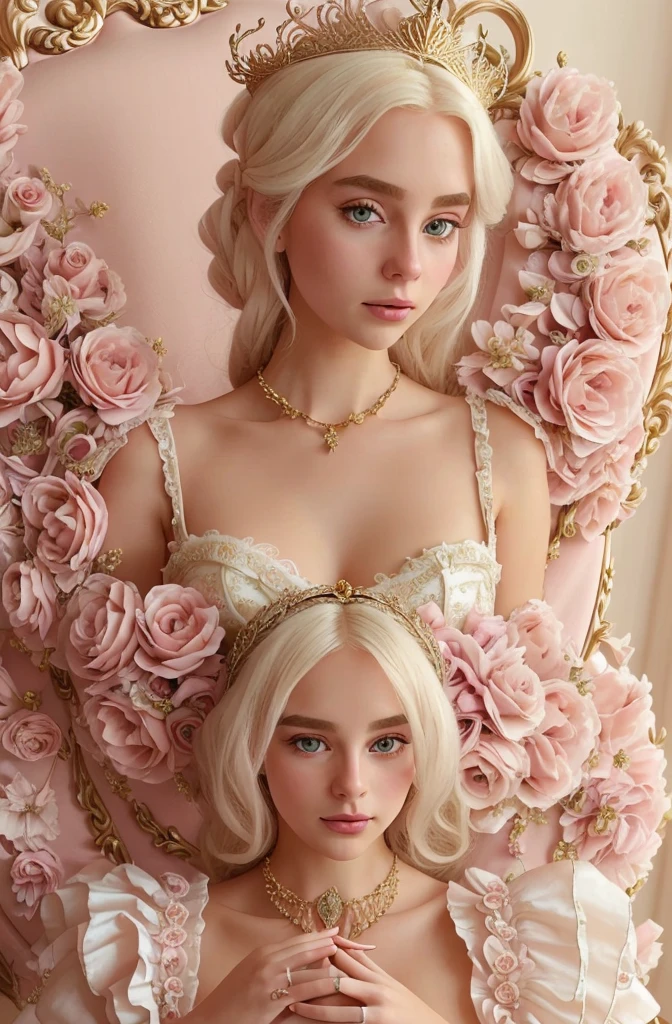 White Blonde hair, fluffy hair, stylish hair, long hair, lilac eyes, perfect eyes, beautiful, perfect face, tween, dainty , short, kind, curvy, a flowing pale airy gown with ruffles along the bottom with tiny pink flowers and gold dragon embroideries with flowers, Her tiara had a pretty teal gemstones, silver necklace, noble class, royal, royalty, red castle, feasting hall, medieval, elegant surroundings, soft dewy makeup look, light peach blush, soft tan eyeshadow, light coral lipstick, cutesy, girlish, girly, guileless, ingénue, princess , whimsical lighting, Targaryen, dragons in the sky, photorealistic
