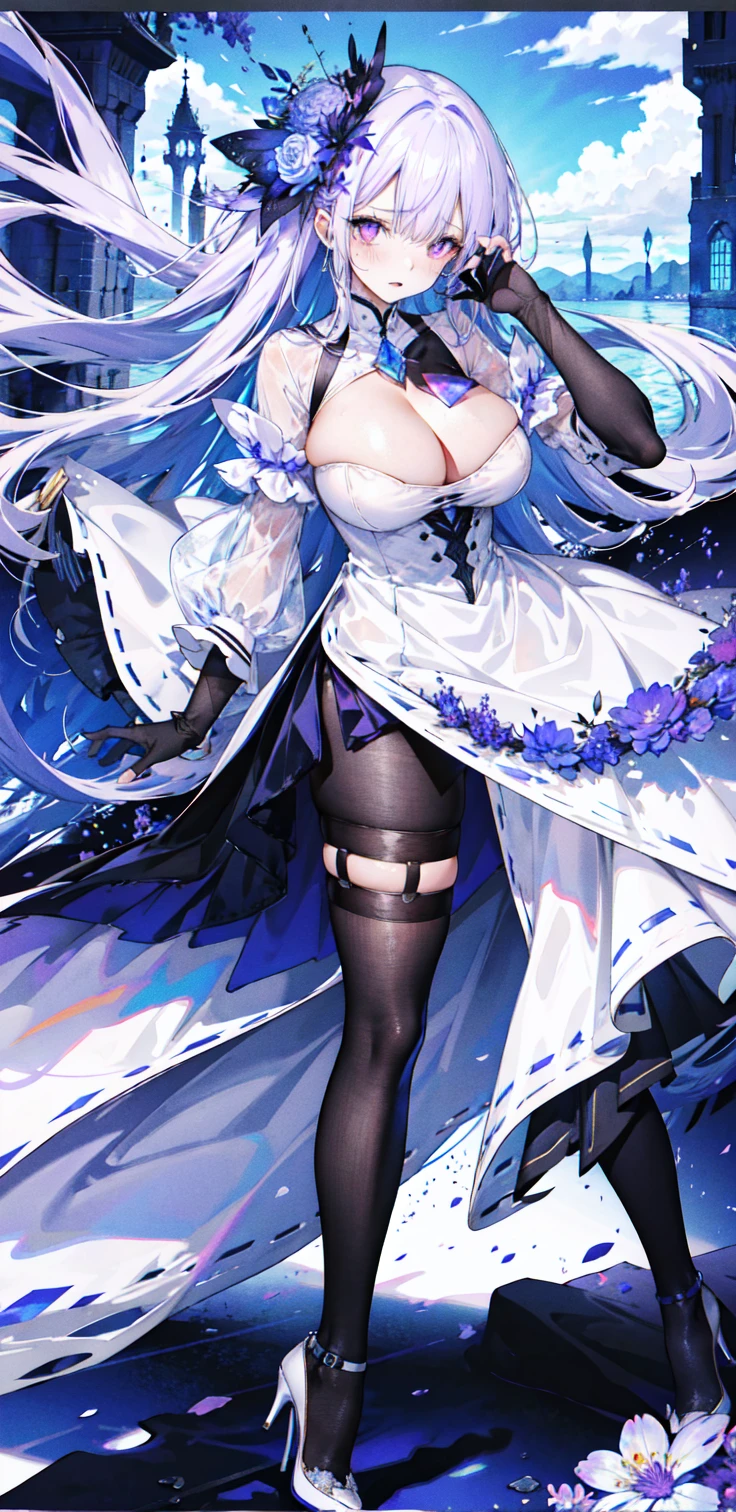 ((masterpiece:1.4,best quality)),(Super detailed),(Extremely detailed eyes),(Shiny socks:1.5),Hello Darkness
(Cute girls),,(Blood-red pupils,Diamond-shaped pupil:1.15),Purple Eyeshadow,(elongated hair,Thick hair,Single ponytail,shiny hair:1.5)(Changes through:1.2),despair,sad,Empty eyes,tears streaming down my face,tilting its head to the side,
(She wore a blue dress,:1.5),(Black gloves:1.4)Very long plush sleeves,White,White Cloud,Dream bubbles ,Ice and glitter effects
(Black long skirt:1.1),
((Starry Sky:1.2)),
(Intense black and white:1.16),(Depth of Field:1.4),,Intricate details,(((Detailed background,Castle in the Sky,Purple flowers by the lake))),(((Huge breasts,Bare breasts,Deep cleavage,White stiletto high heels,Transparent clothes)))