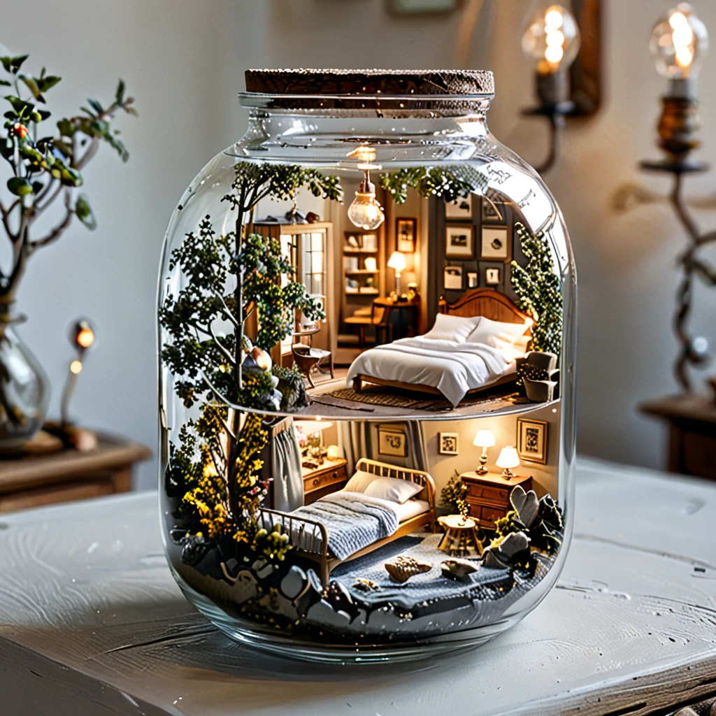 (masterpiece, top quality, best quality),(ultra-detailed, absolutely resolution),((16k, high res)), 

BREAK {miniature room inside a glass cup, a small bed, a shower fixture, a bedside table with a lamp, vase with delicate branches, The glass cup should be clear and placed on a matching saucer, held by a hand to show the scale. Ensure the lighting is soft and natural to highlight the details of the miniature furniture and the transparency of the glass. The overall atmosphere should be delicate and intricate, capturing the charm of a tiny, perfectly crafted space within a glass cup}

BREAK { (produces images with information than 40 million pixels with cinematic-like detailed textures shot on a Sony SLR).}
